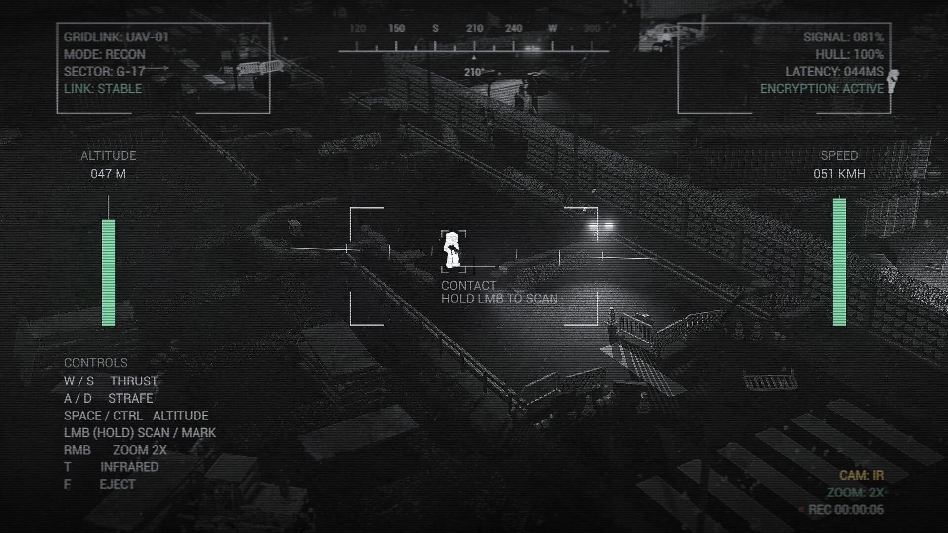 GRIDLANDS: Recon drone HUD marks a contact on an industrial catwalk, with altitude and speed meters.