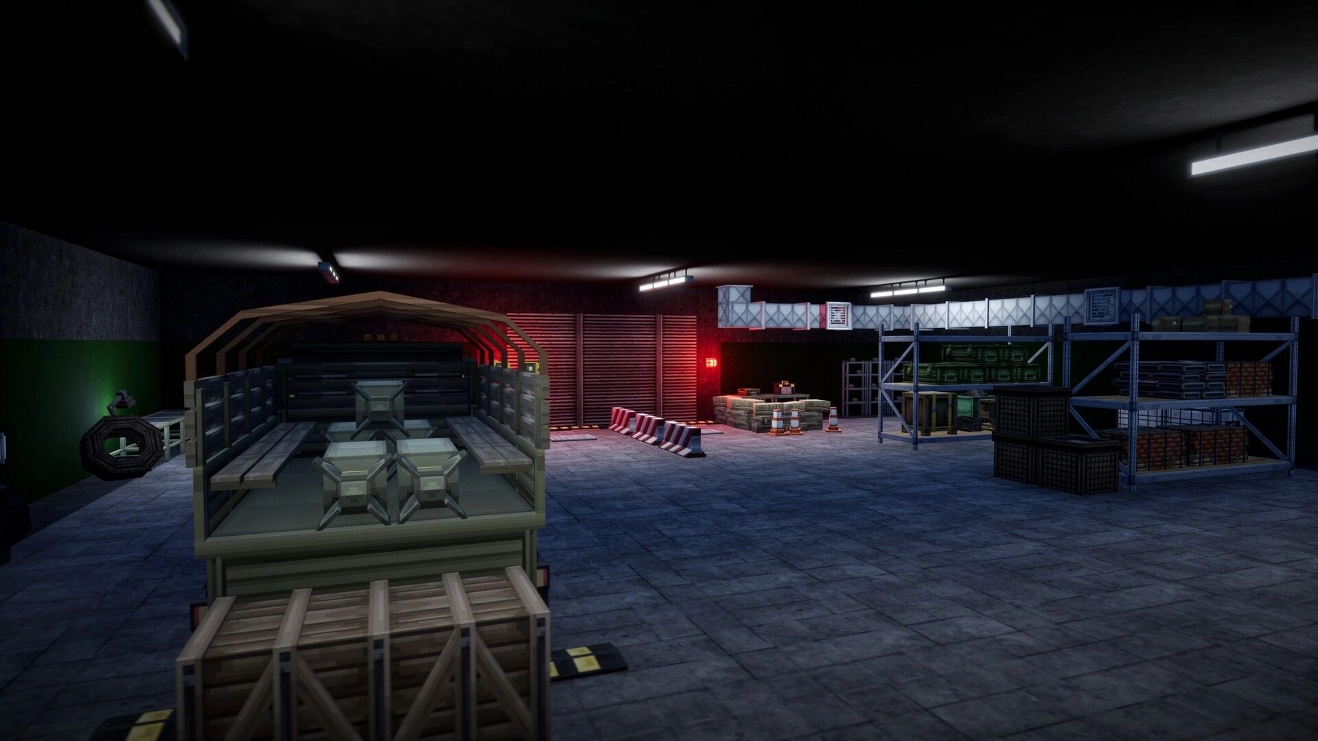 GRIDLANDS: Empty warehouse loading bay with cargo truck, crates, barriers, and metal shelving under lights.