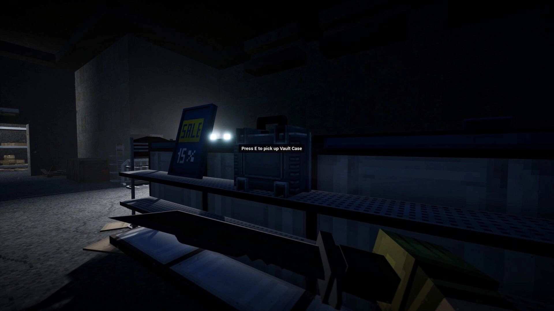 GRIDLANDS: Prompt to pick up Vault Case beside shelves in a dark abandoned store interior with sale sign.