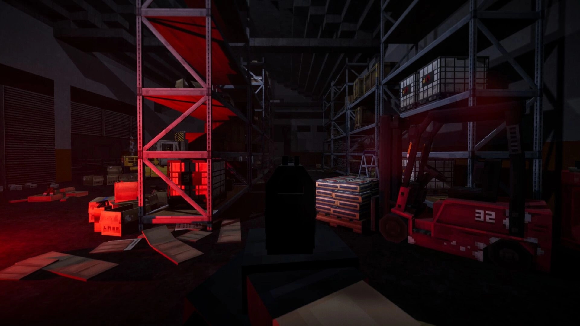 GRIDLANDS: First-person view aiming down sights in a dark warehouse aisle with crates and forklifts.