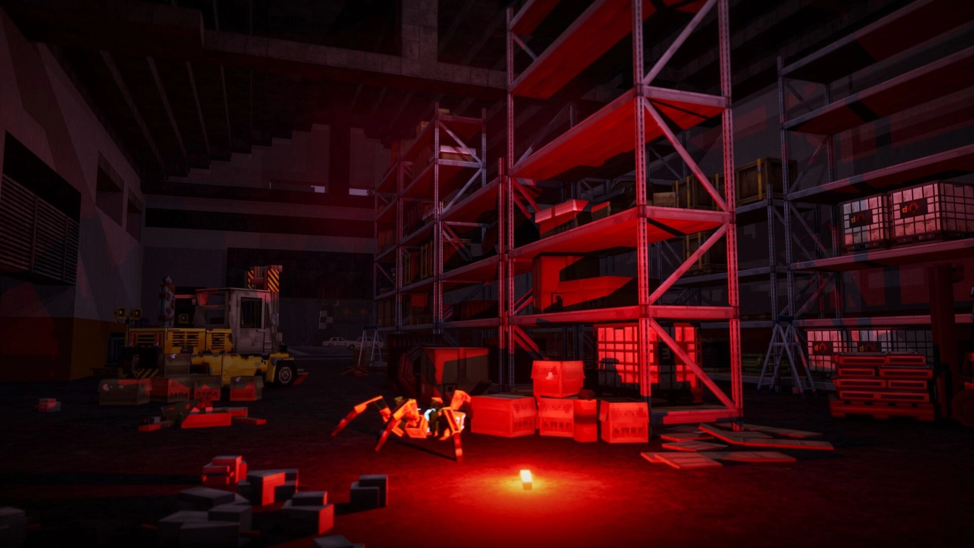 GRIDLANDS: Spider-like machine prowls near crates and a forklift in a red-lit warehouse aisle.