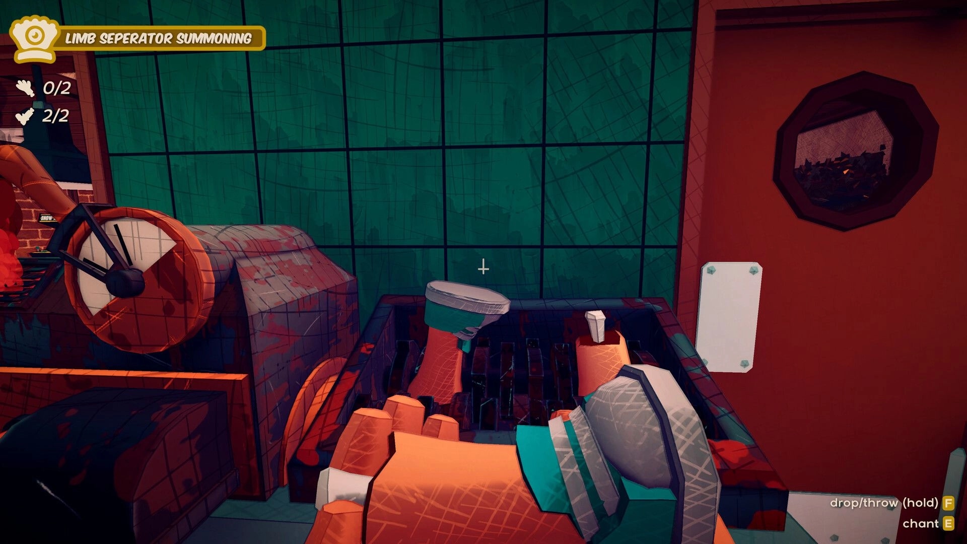 Grilluminati: Carrying a body past a bloodied grinder in the Limb Seperator Summoning room UI.