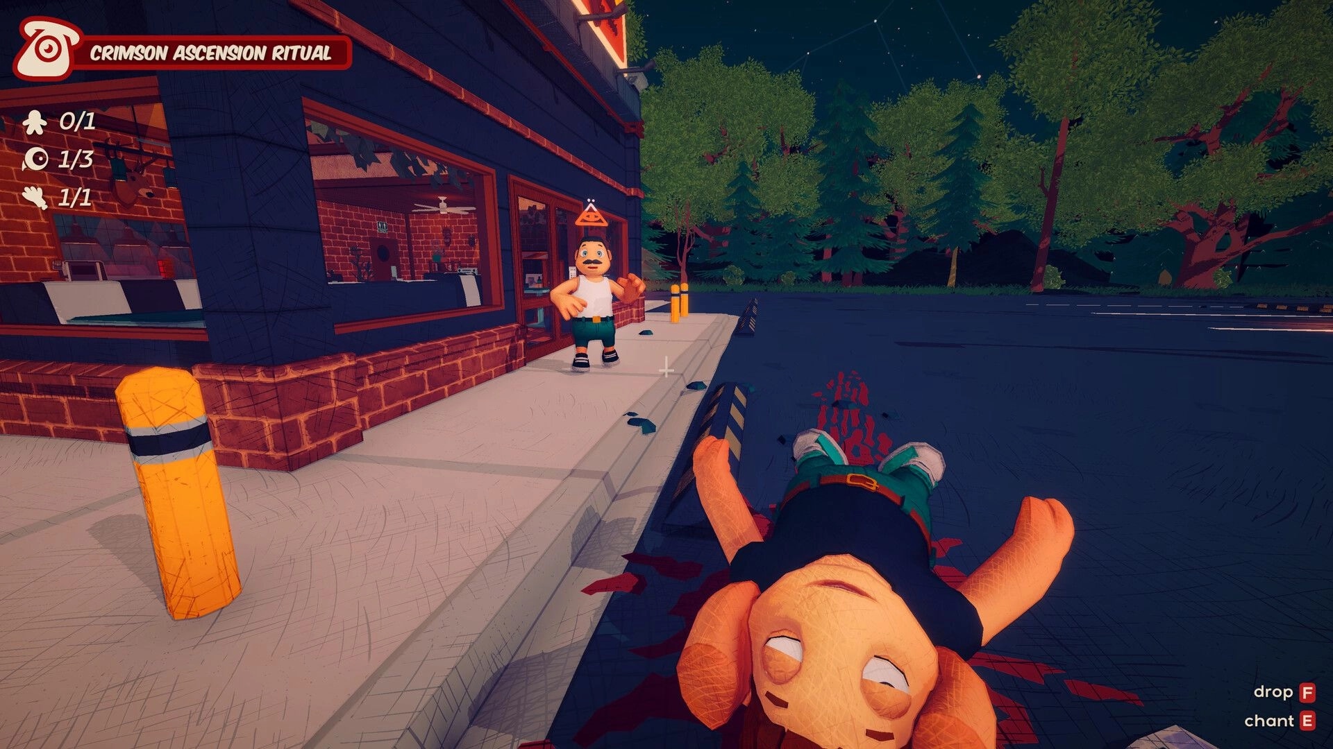 Grilluminati: Carrying a body outside the steakhouse at night, ritual UI and drop/chant prompts visible.