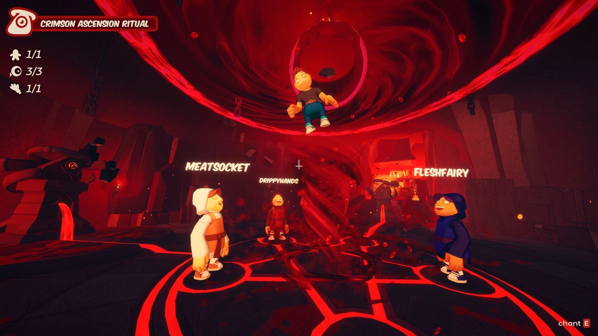 Grilluminati: Crimson Ascension Ritual UI as three players chant around a red vortex in a cave temple.