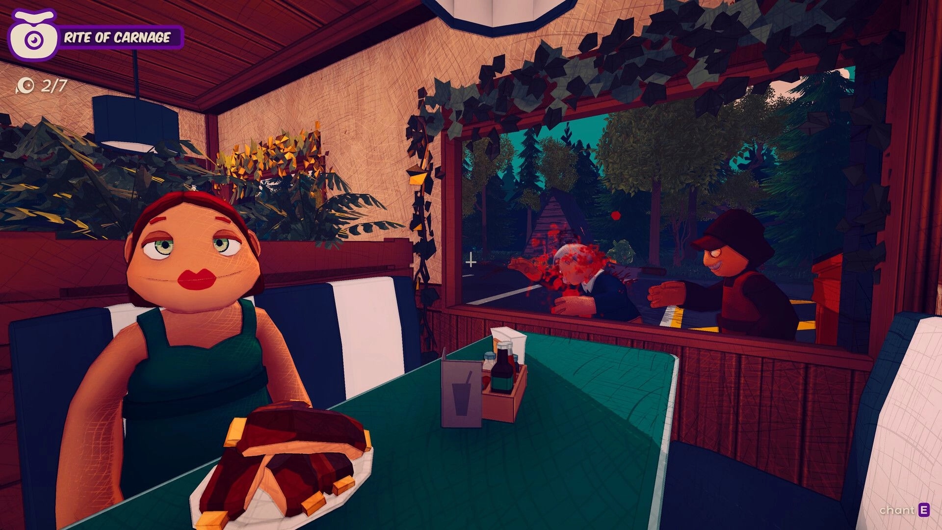 Grilluminati: Rite of Carnage UI as player stares at diner booth while blood splatters window.