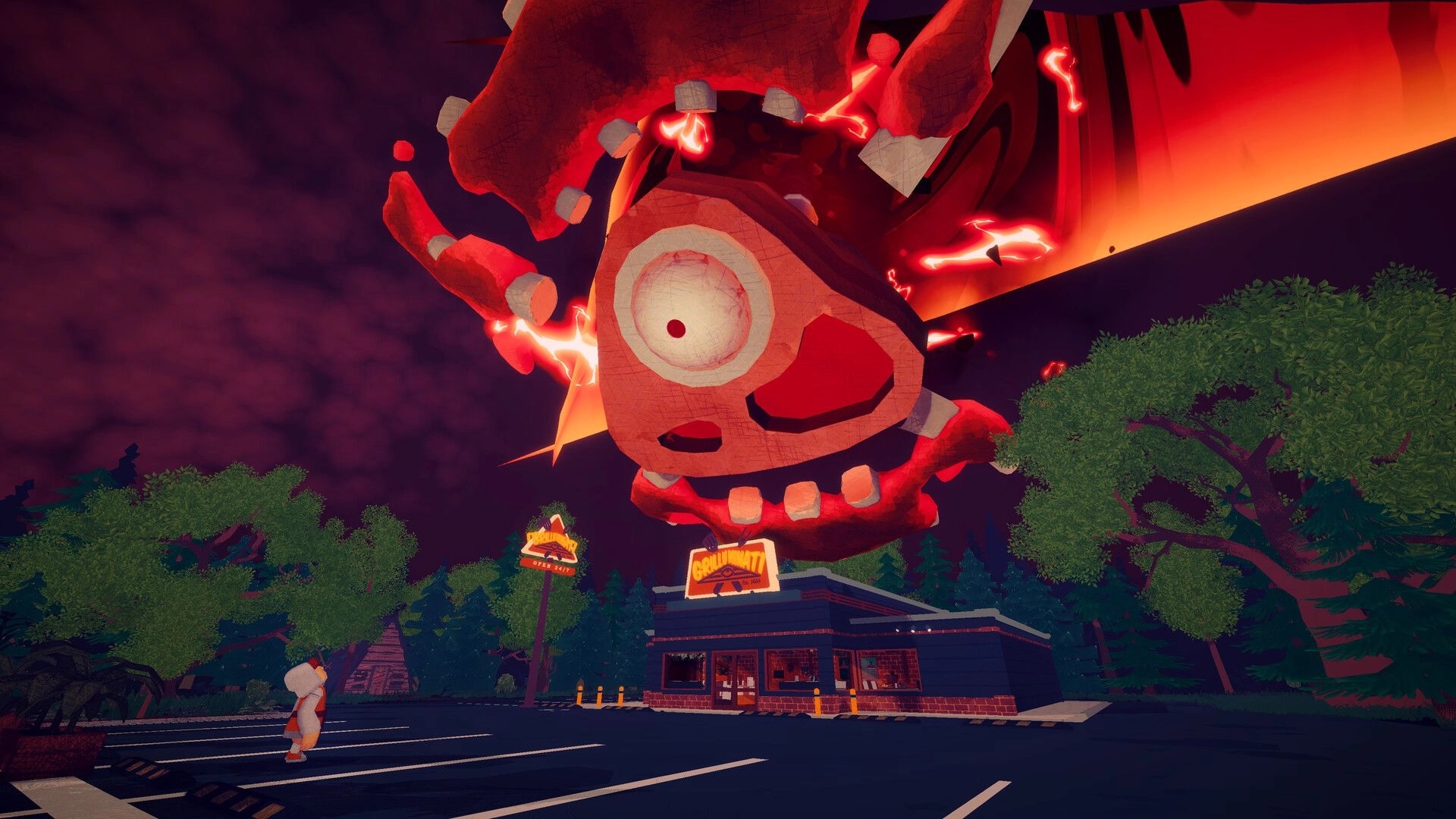 Grilluminati: Giant flaming one-eyed monster looms over the steakhouse sign at night outside.