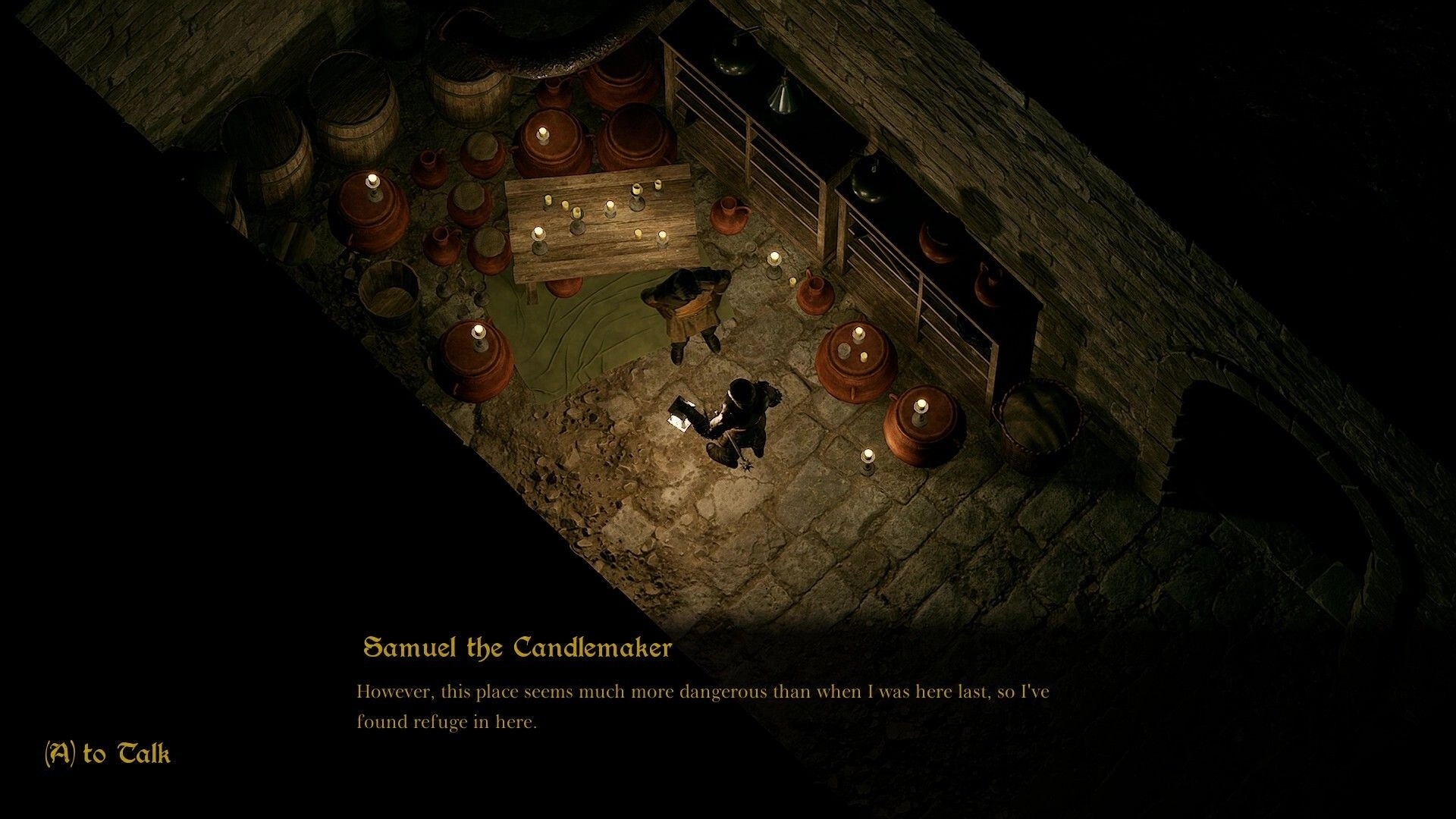 Grim Axiom: Player talking to Samuel the Candlemaker in a dimly lit underground room with barrels
