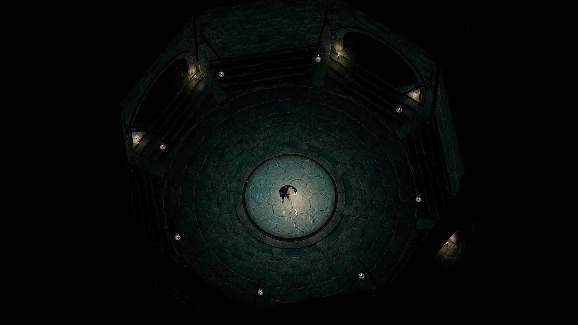 Grim Axiom: Lone character stands in dimly lit circular stone chamber with surrounding darkness