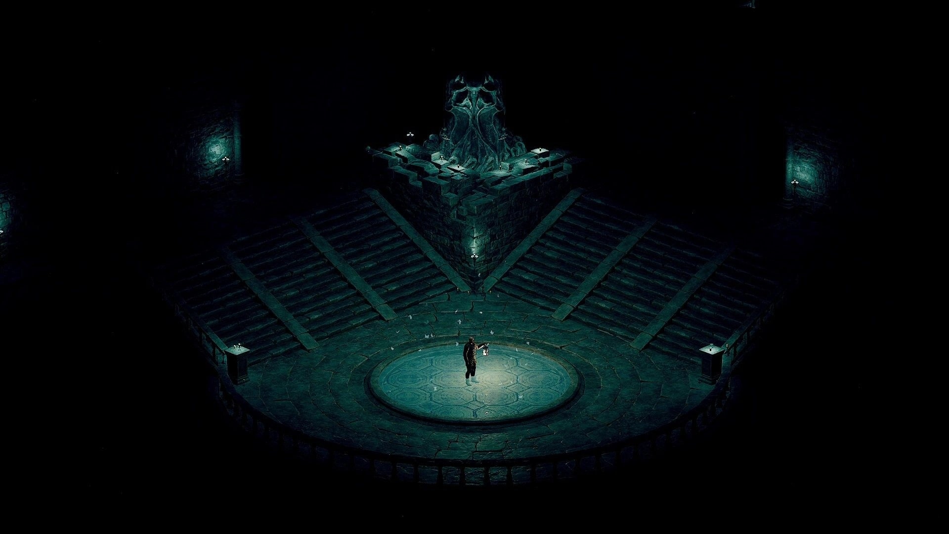Grim Axiom: Lone adventurer stands in a dimly lit circular chamber surrounded by ancient stone steps
