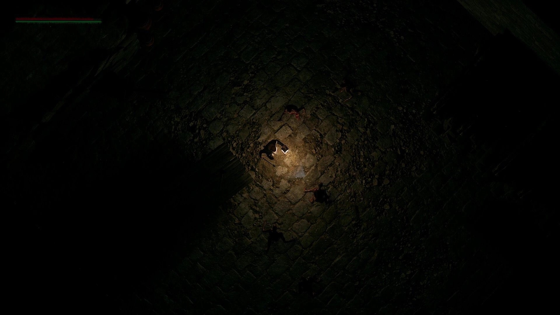 Grim Axiom: Lone character with torch explores dim underground dungeon surrounded by lurking undead