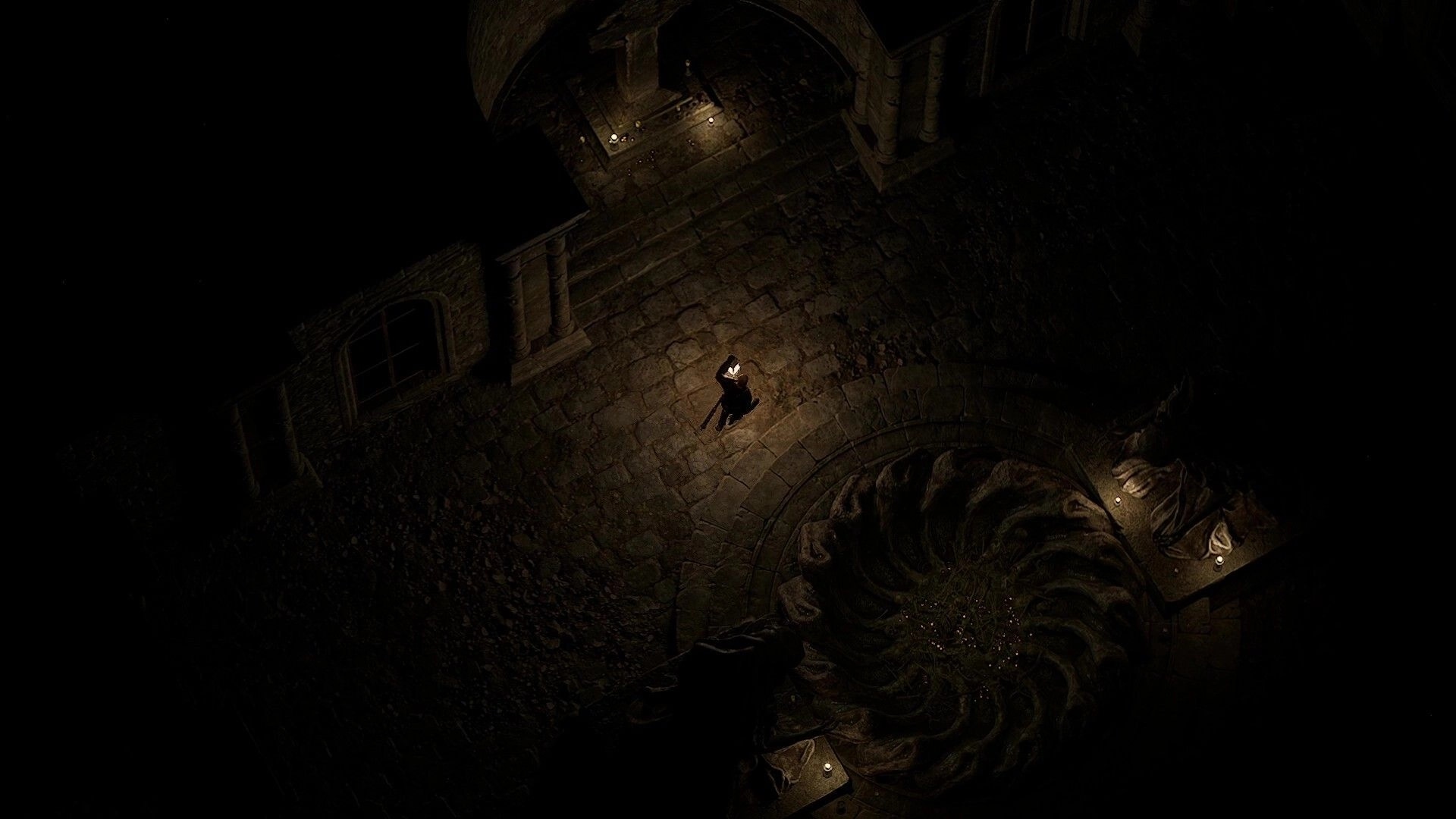 Grim Axiom: Lone figure with torch explores ancient stone chamber with eerie lighting and shadows