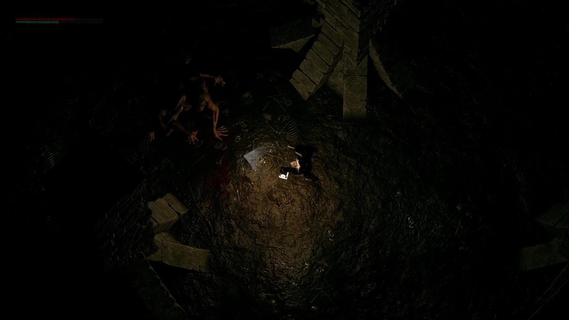 Grim Axiom: Player character fights undead in dark underground chamber with scattered bones