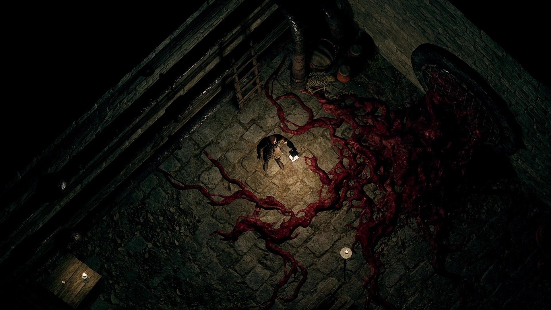 Grim Axiom: Character with lantern stands on stone floor surrounded by red tendrils in dark underground.