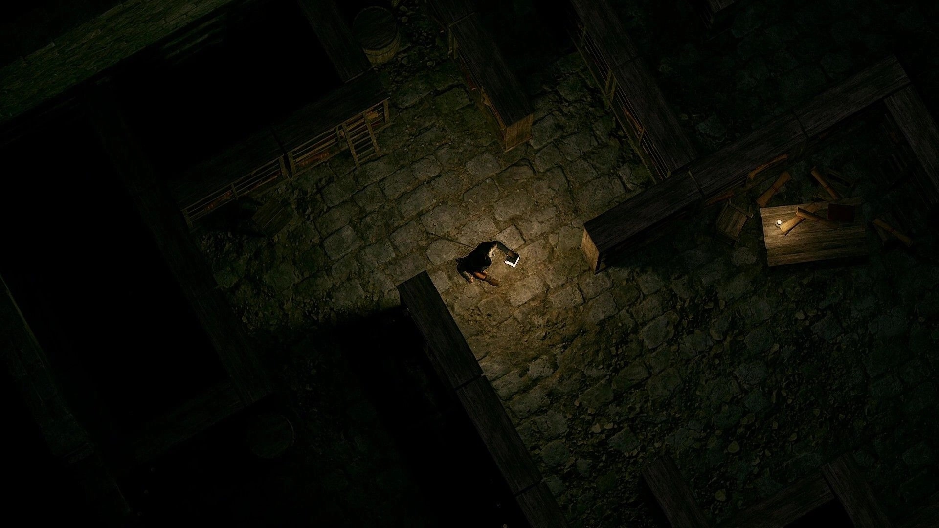 Grim Axiom: Lone character with lantern explores dark stone hallway surrounded by ancient wooden shelves