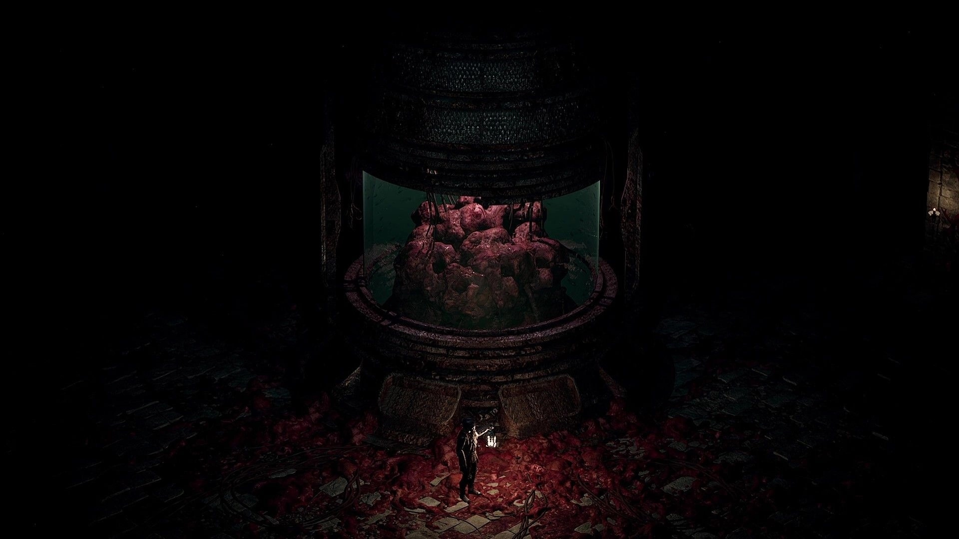 Grim Axiom: Lone character explores dark chamber with ominous machinery and glowing, fleshy mass
