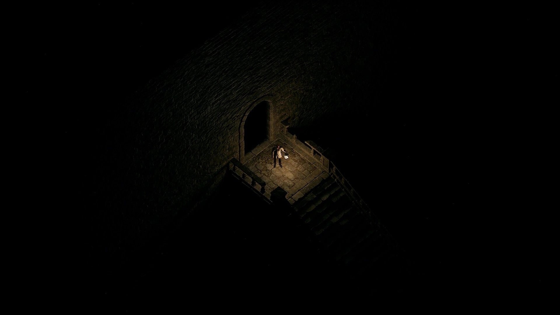 Grim Axiom: Lone character holding a torch in a dimly lit stone stairway descending into darkness