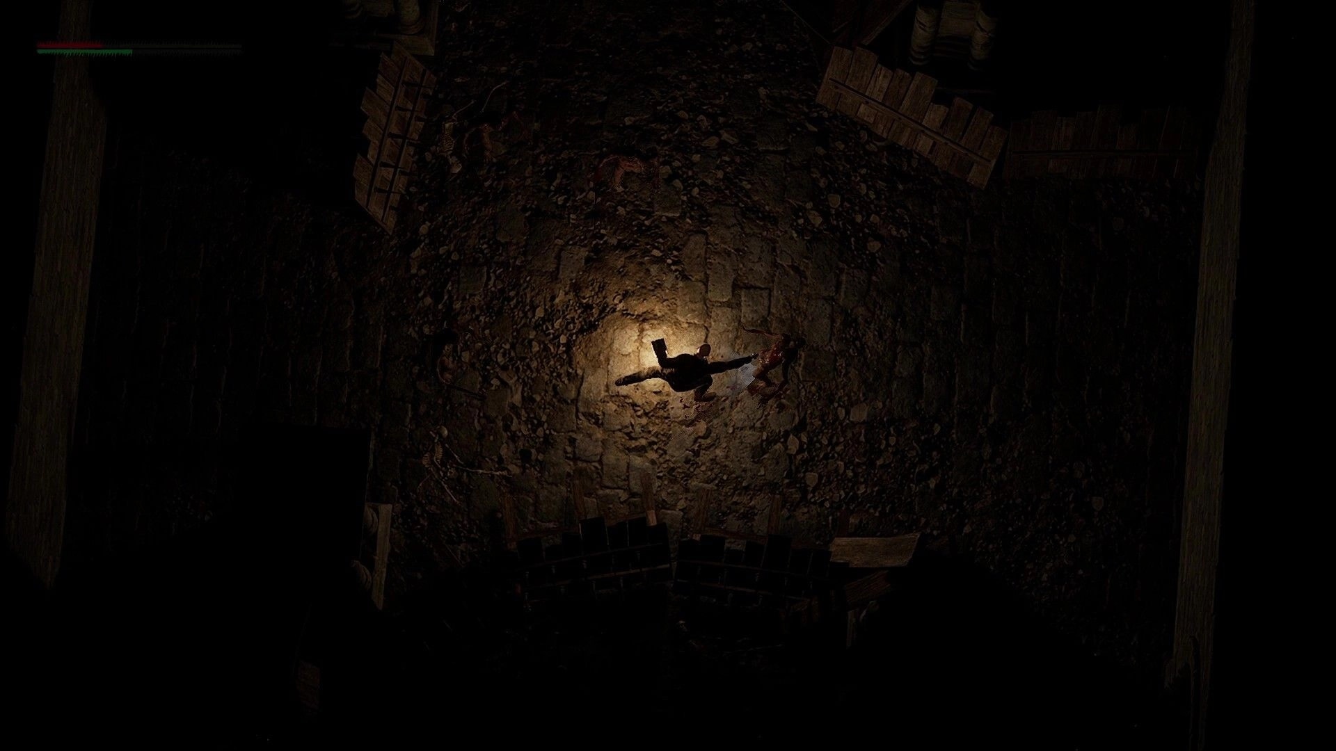 Grim Axiom: Overhead view of player battling undead in dimly lit underground chamber