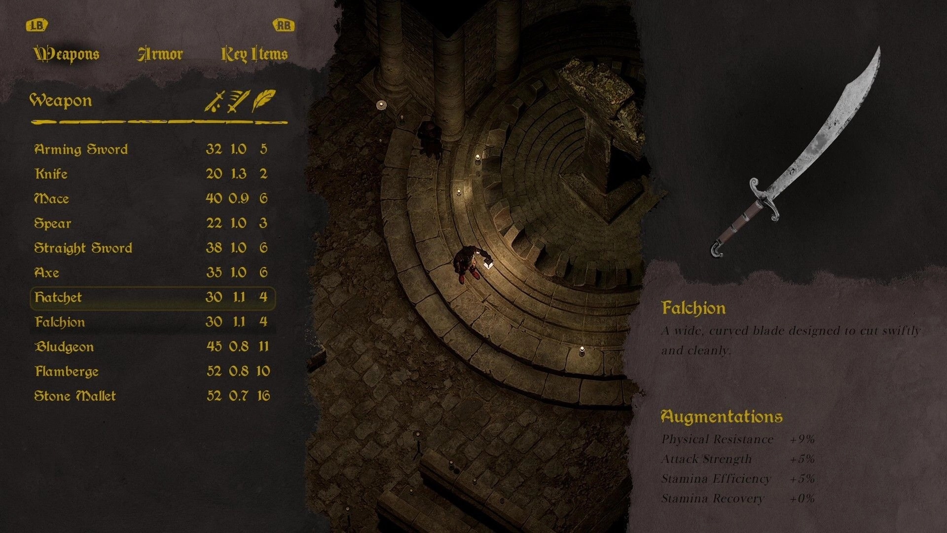 Grim Axiom: Weapon selection menu with falchion details in ancient underground chamber setting