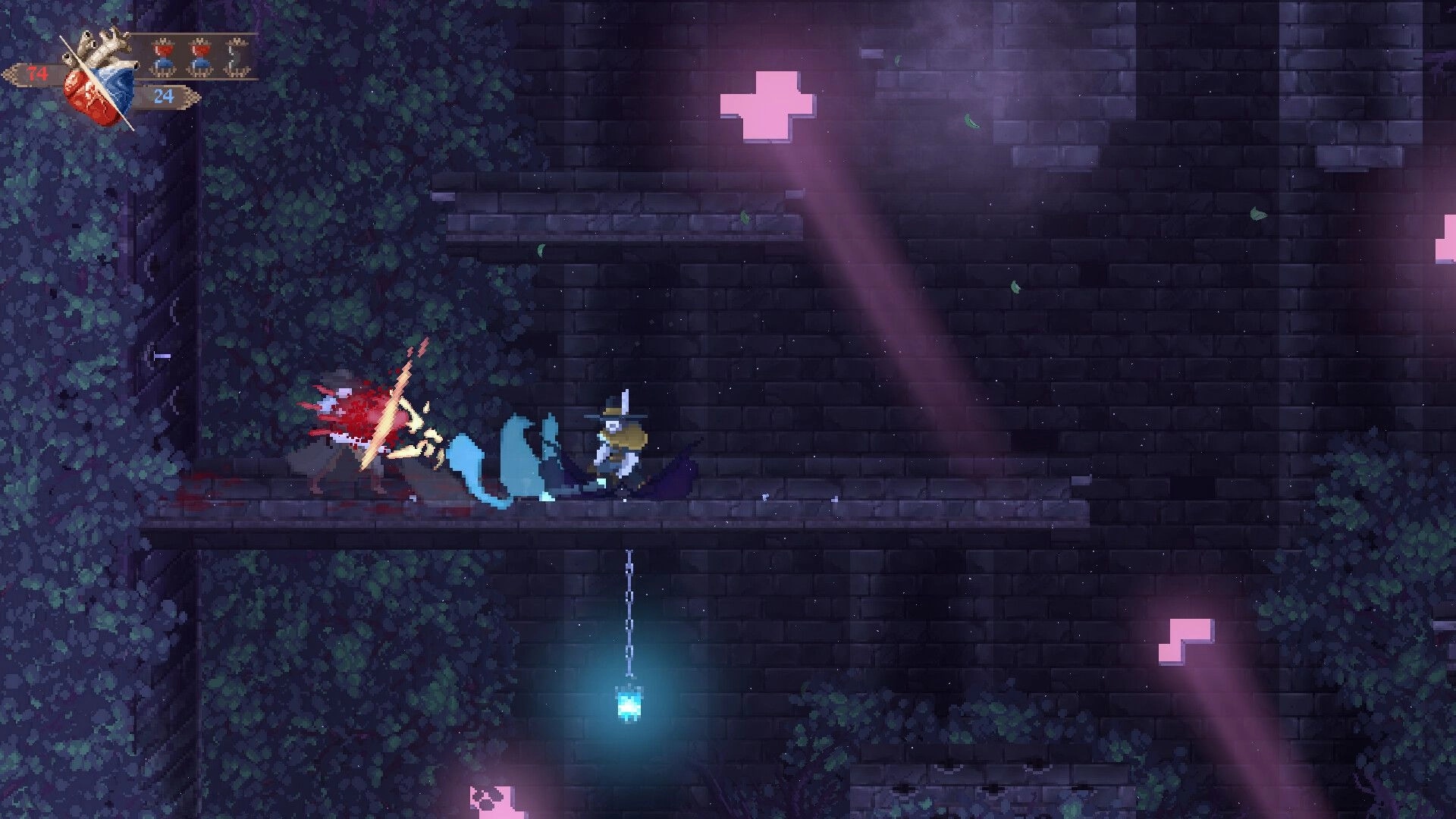 Grim Heart: Player slashes a foe on stone ledge in dark ruins, health and item HUD visible.