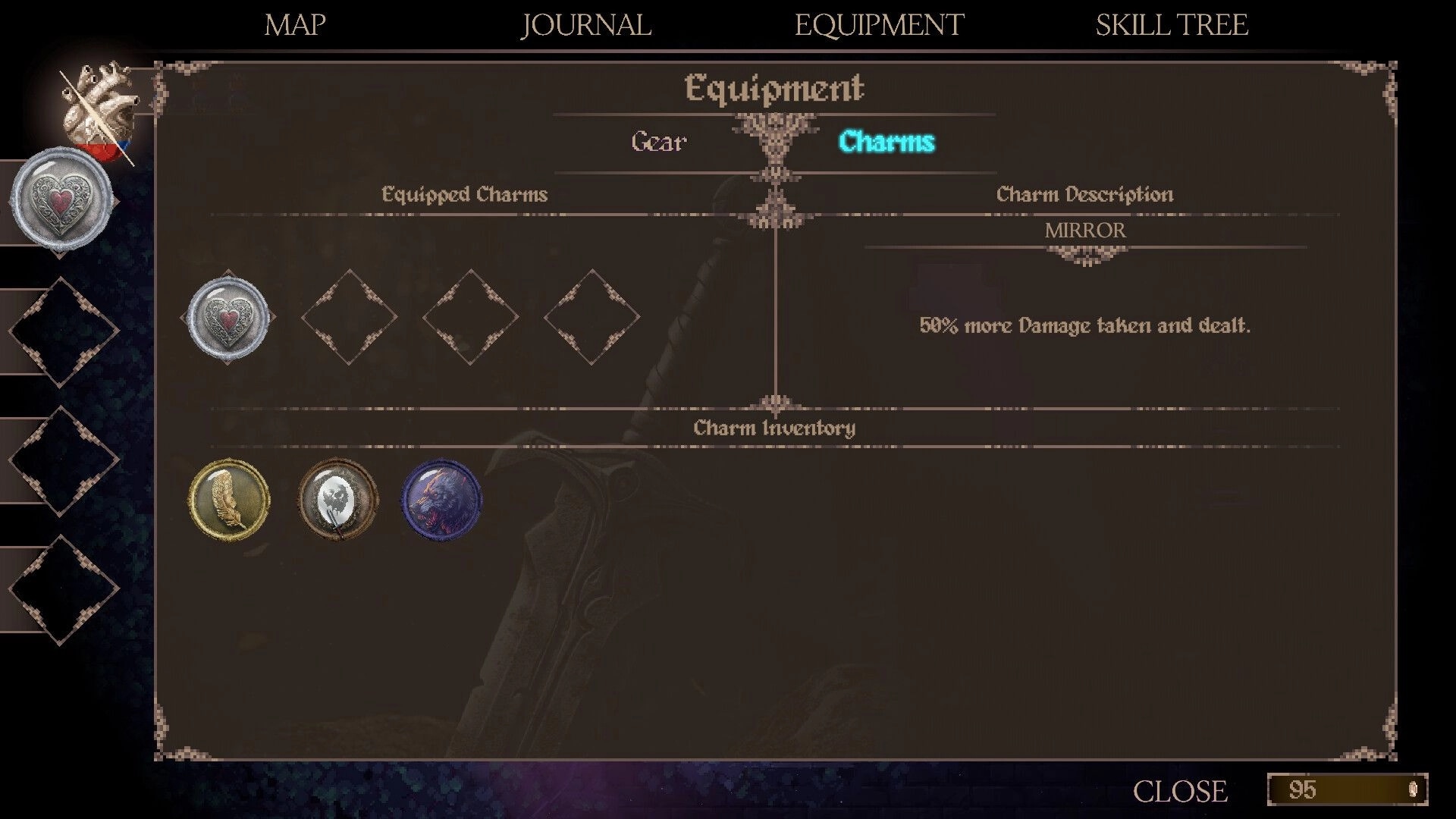 Grim Heart: Equipment menu on Charms tab showing Mirror charm and inventory icons on dark backdrop.