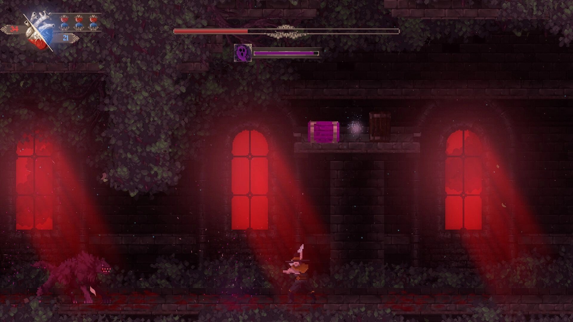 Grim Heart: Hero runs past a beast in a red-lit brick hall with glowing windows and health bars UI.