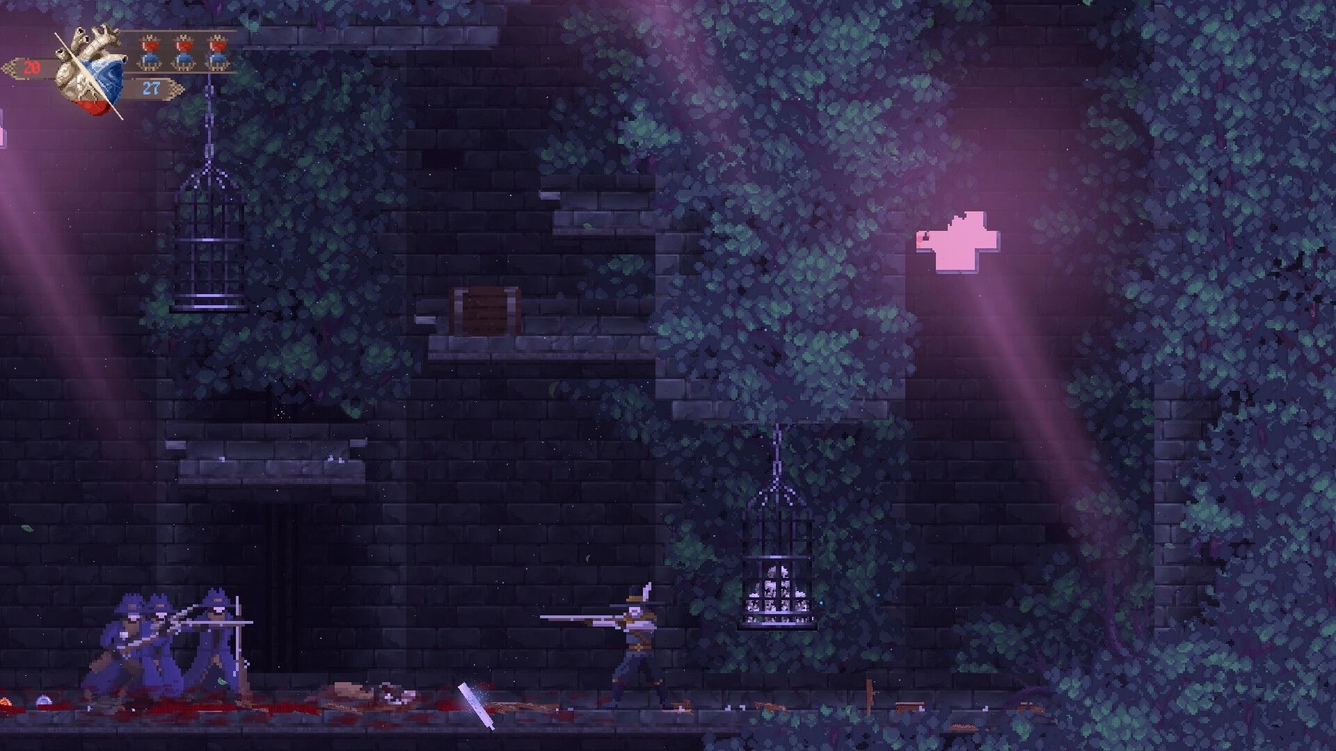 Grim Heart: Musketeer aims rifle at three guards in ivy-covered stone ruins with hanging cages and HUD.