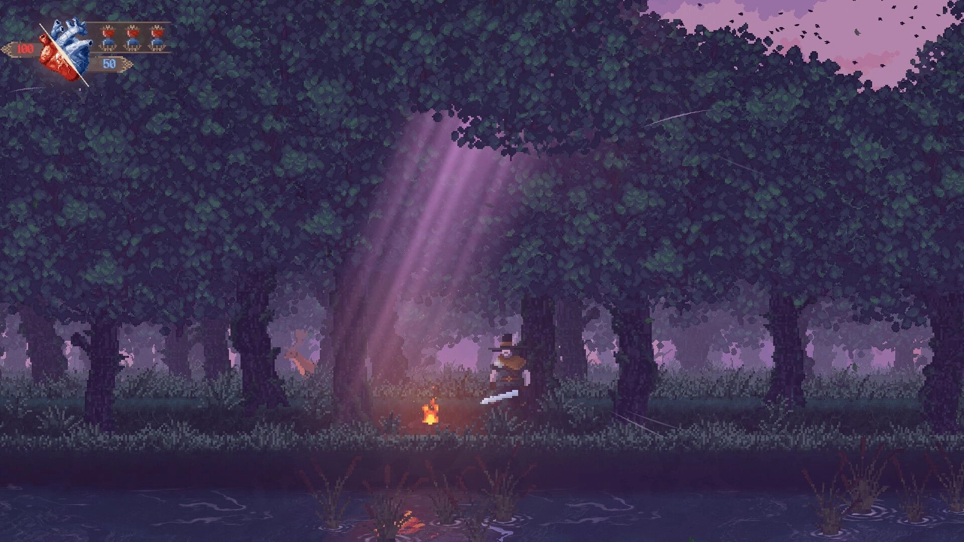 Grim Heart: Hunter stands by a small campfire in a shadowy forest clearing with health UI visible.