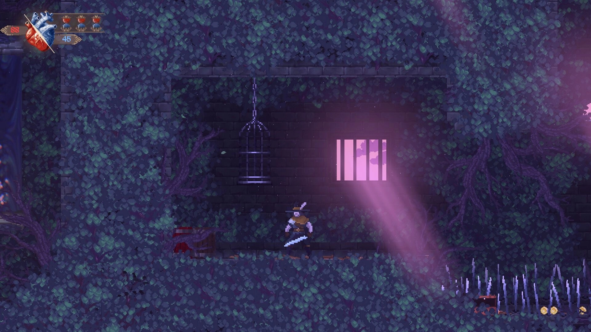 Grim Heart: Sword-wielding hunter explores vine-covered ruins with caged perch and HUD hearts counter.