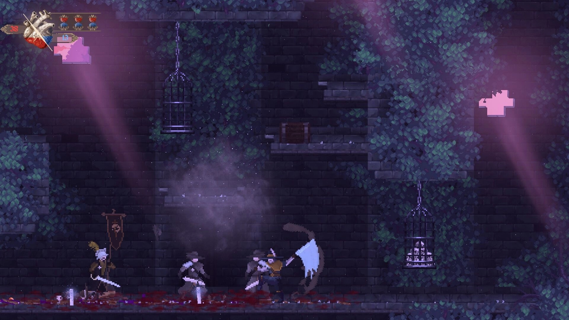Grim Heart: Swordfighter battles two shadowy foes in vine-covered stone dungeon, HUD with map and HP.