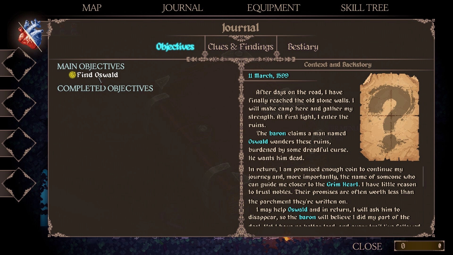 Grim Heart: Journal menu open with objective Find Oswald and lore entry dated 11 March, 1599.