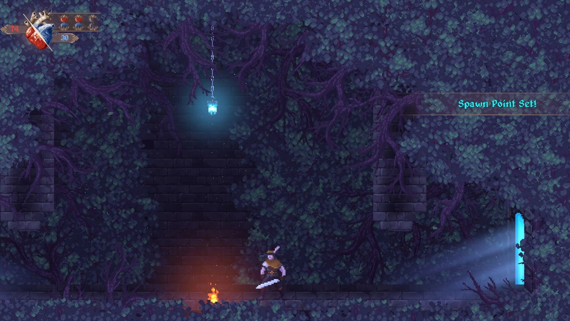 Grim Heart: Sword-wielding hunter at a campfire in vine-choked ruins, "Spawn Point Set!" text visible.