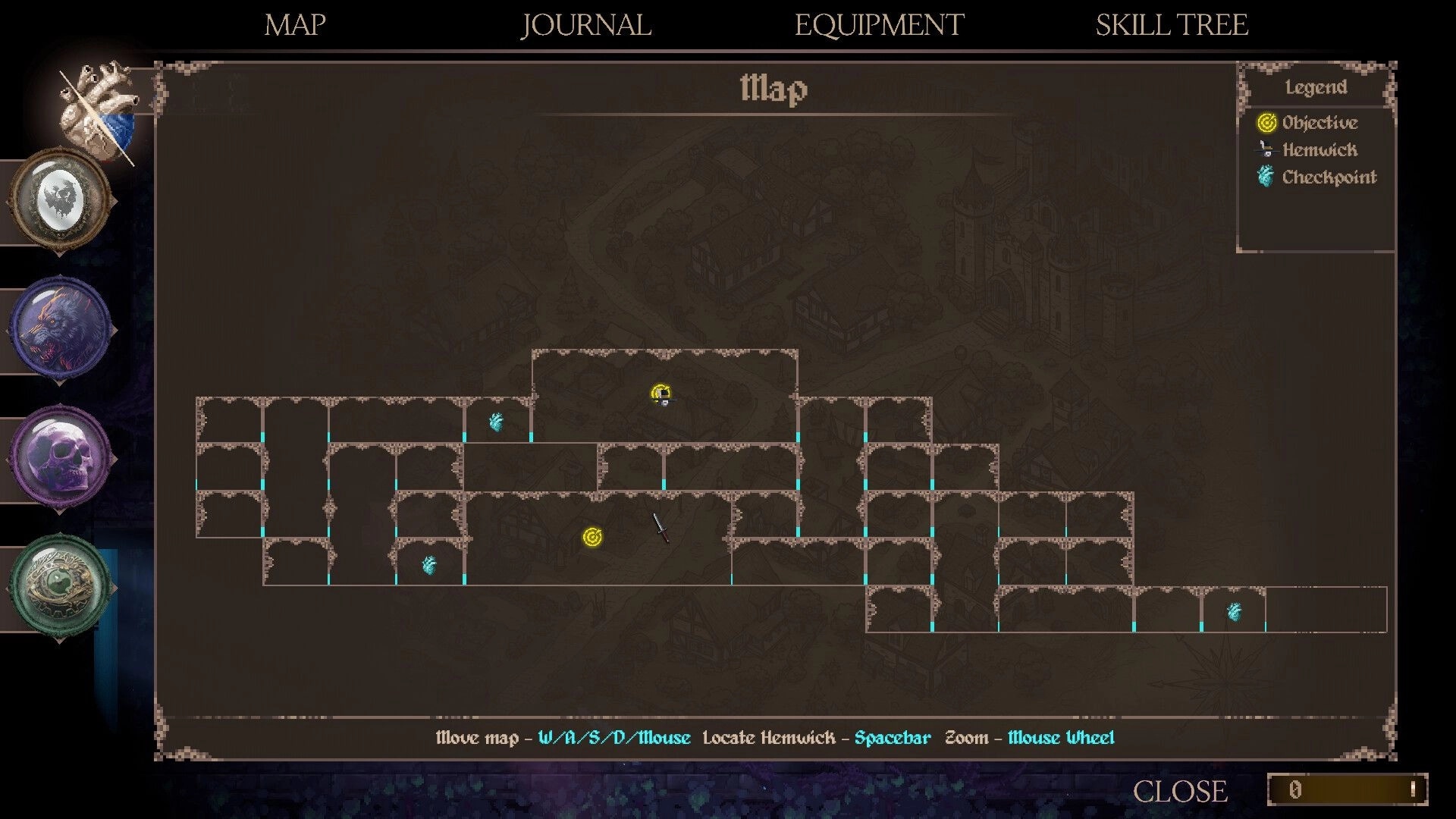 Grim Heart: Map screen with branching rooms, objective marker, and legend icons on dark parchment UI.
