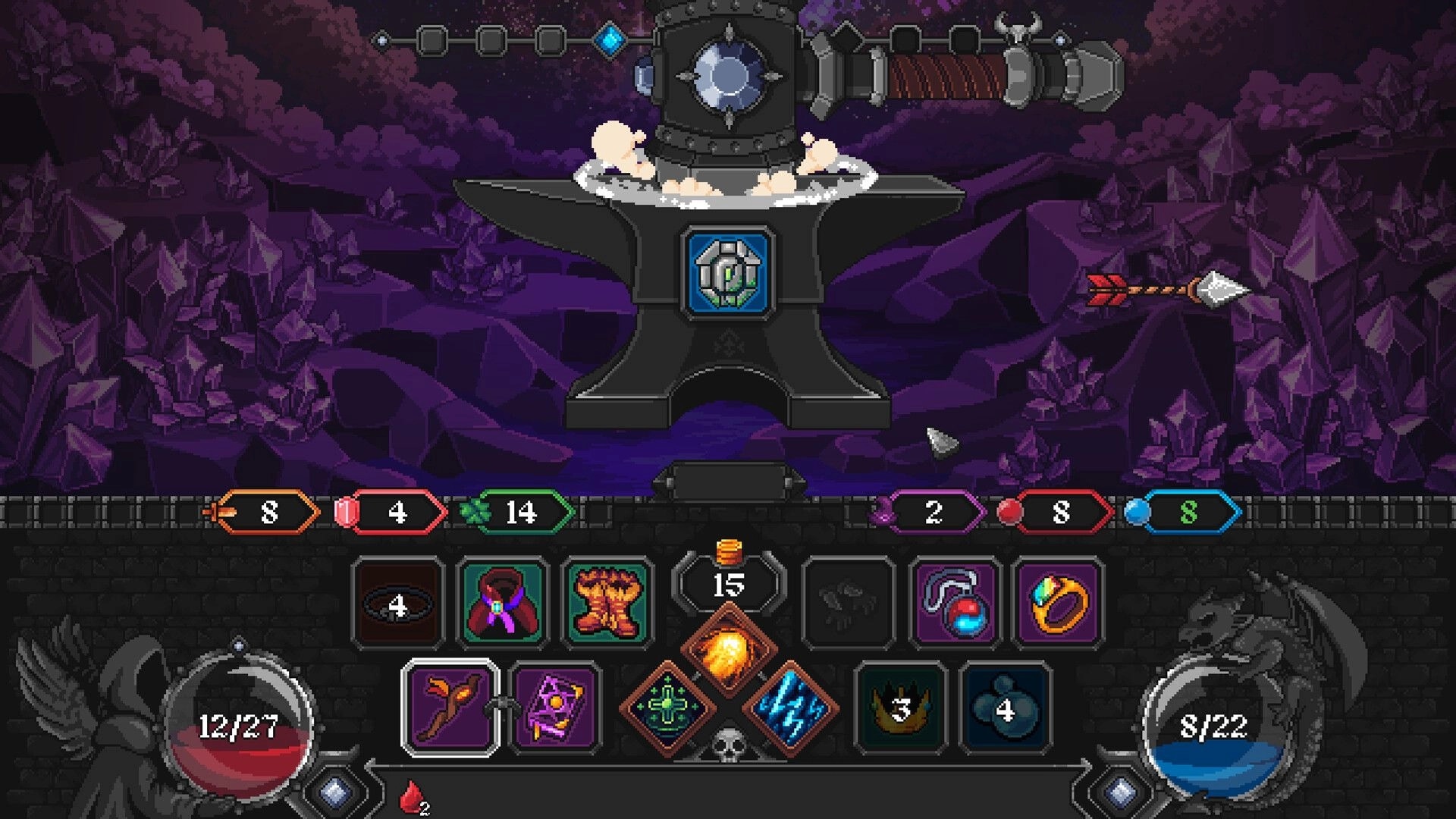 Grim Path: Forge upgrade screen with anvil and hammer over purple crystal cavern, item bar below.