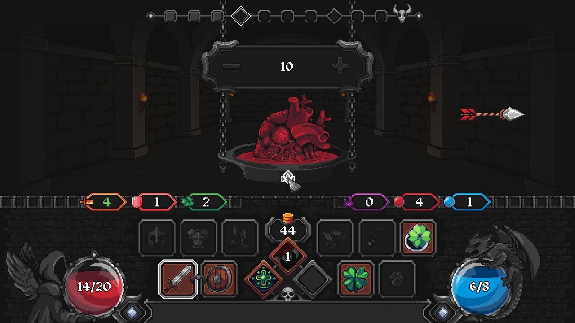 Grim Path: Choosing a gore-filled heart relic on a chained pedestal in a torchlit dungeon UI.
