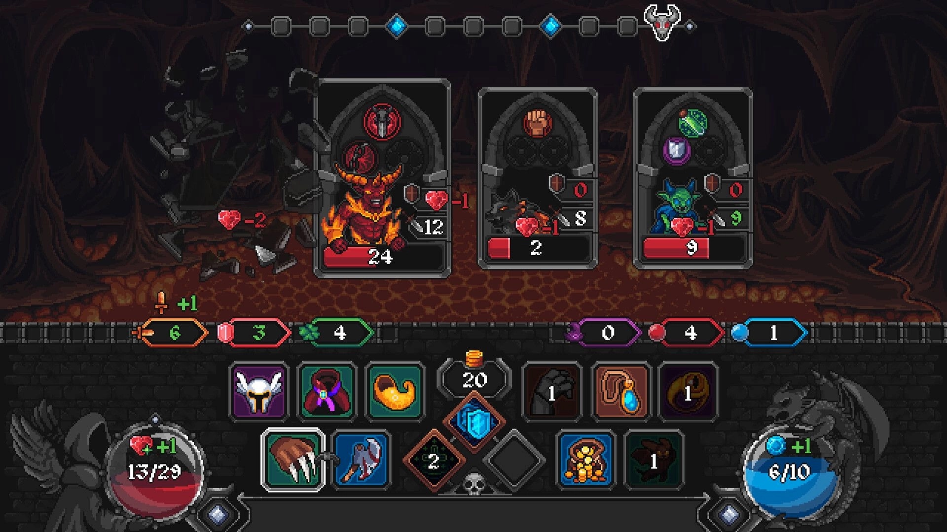 Grim Path: Card battle UI with demon, wolf, and goblin enemies in a dark cavern dungeon scene.