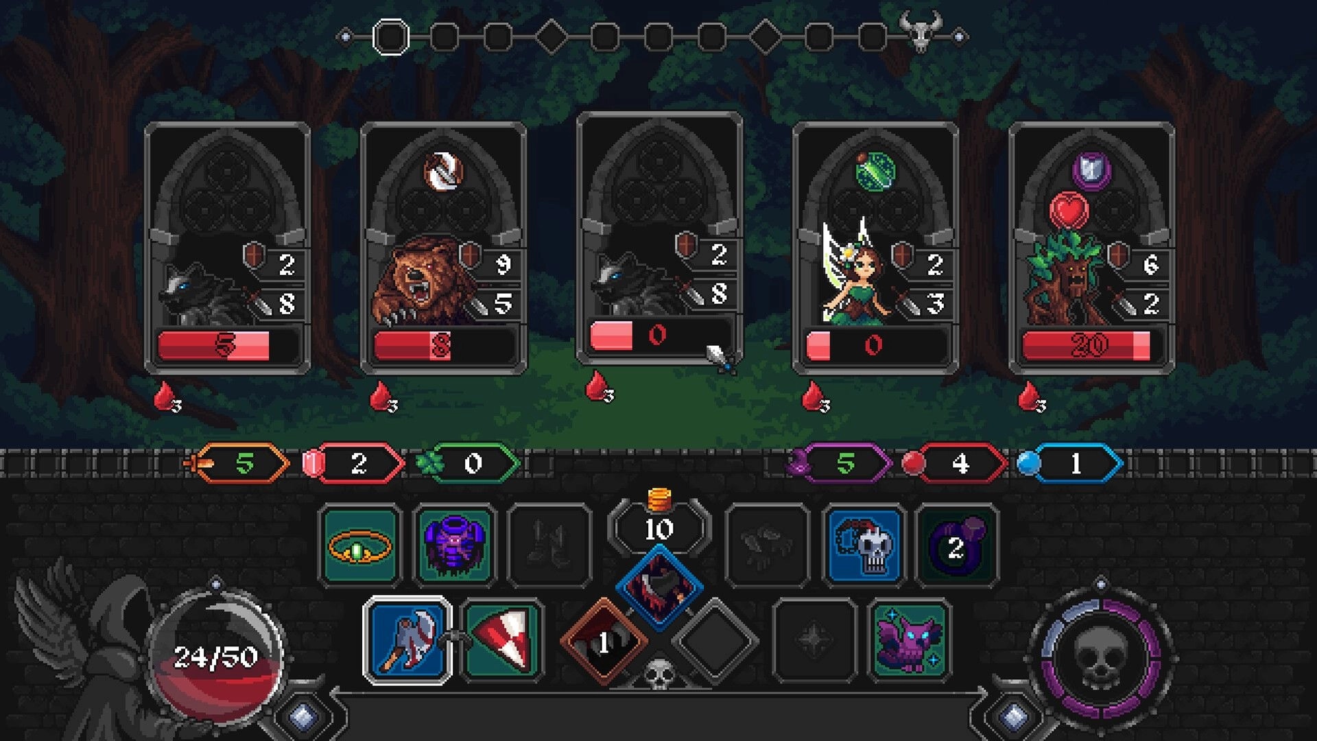 Grim Path: Card battle row with wolves, bear, fairy, and treant enemies in a dark forest UI.