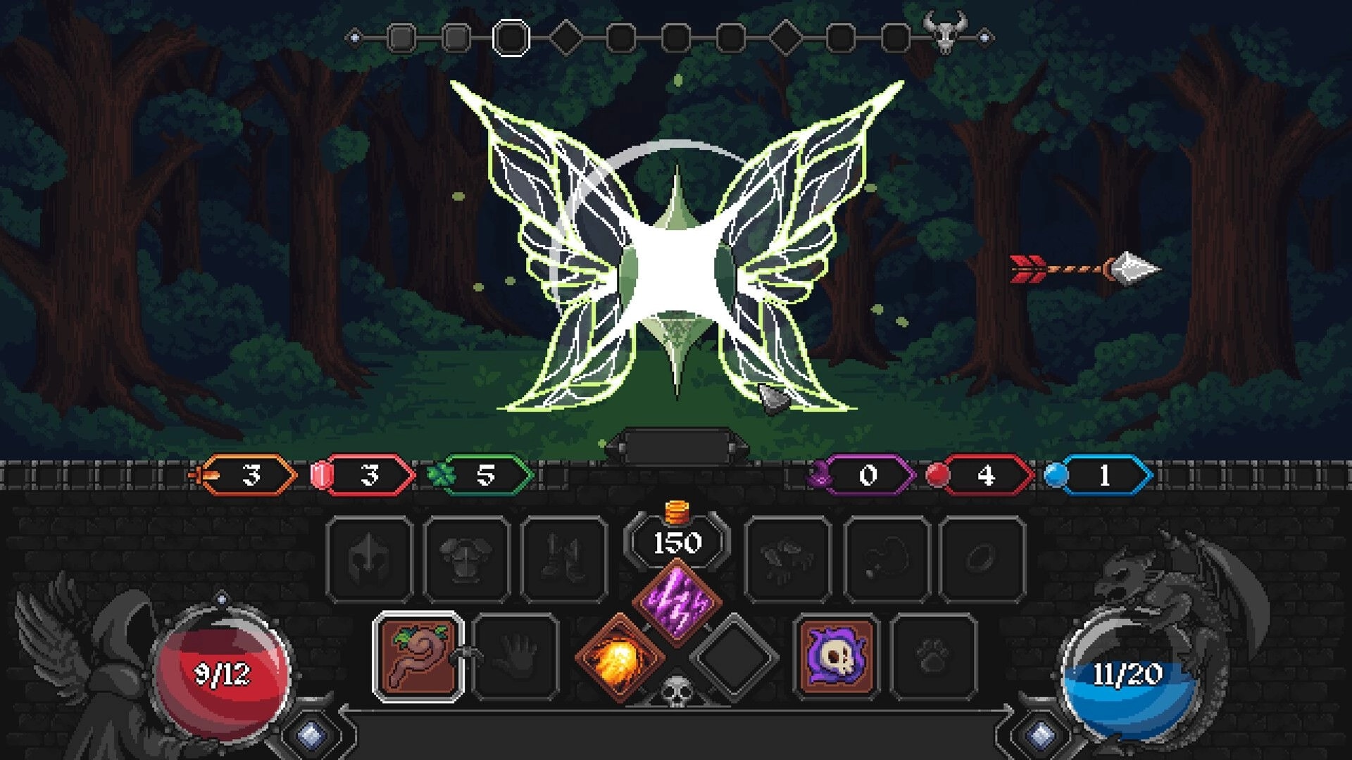 Grim Path: Giant glowing winged sigil hit by an arrow in a forest, with stats and card bar UI.