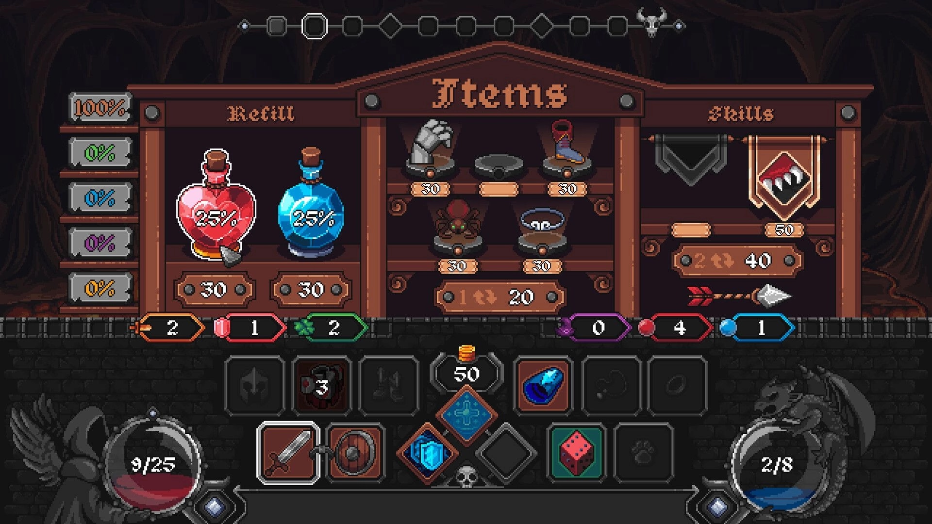 Grim Path: Shop menu with refill potions and item shelves, plus status banner in dark cavern UI.