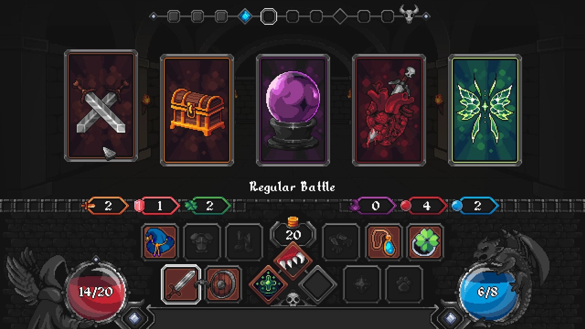 Grim Path: Card reward selection after regular battle in a dim dungeon UI with stats and items below.
