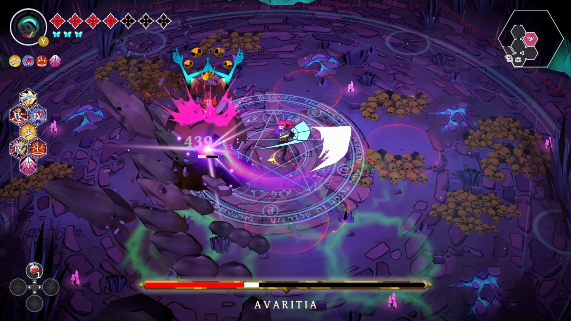 Grim Trials: Player battles Avaritia boss in circular arena with spell effects and power-ups visible.
