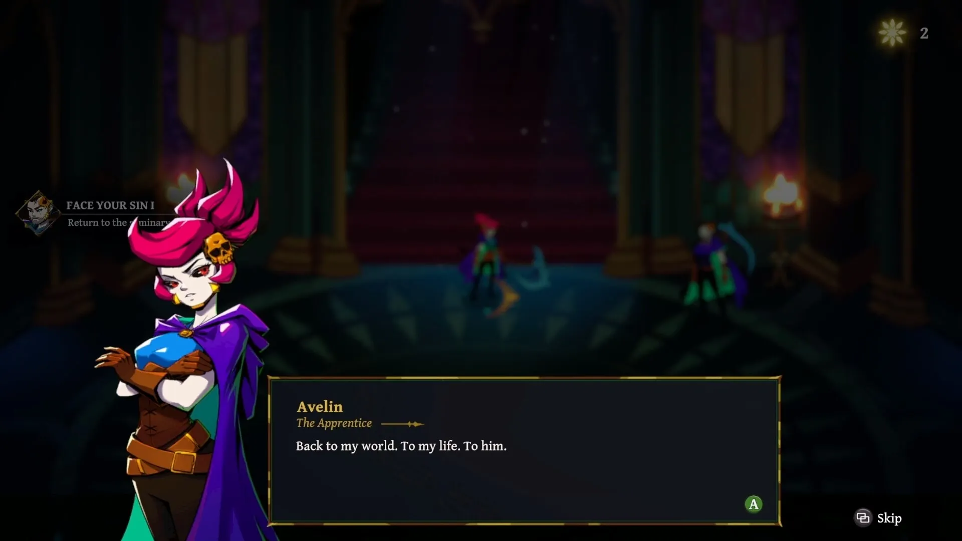 Grim Trials: Avelin dialogue with quest prompt in dimly lit Academy hall with steps and torchlight