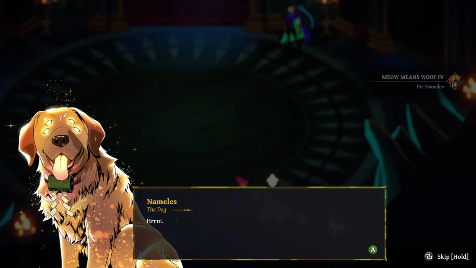 Grim Trials: Nameles the glowing dog in a mystical chamber with dialogue box and pet command options