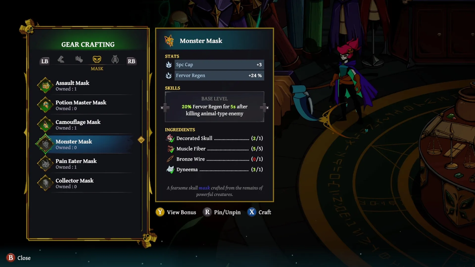 Grim Trials: Gear crafting interface with Monster Mask stats and ingredients in the Academy workshop
