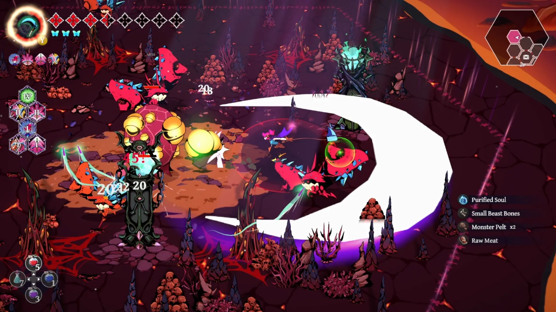 Grim Trials: Player battling monsters in dark, rocky terrain with combat UI and health bars visible