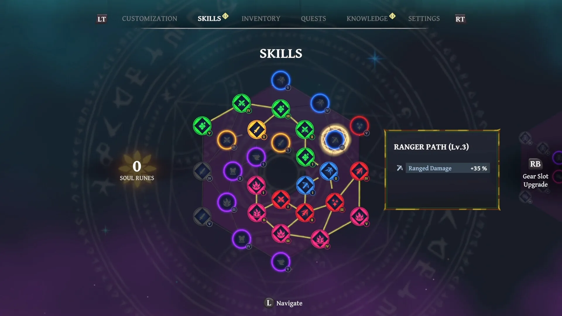 Grim Trials: Skill tree interface with highlighted Ranger path and runes in magical academy setting