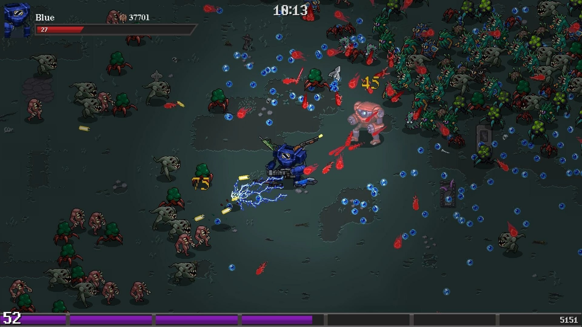 Grimdark Survivors: Character "Blue" battles hordes of monsters with lightning attacks in dark battlefield.