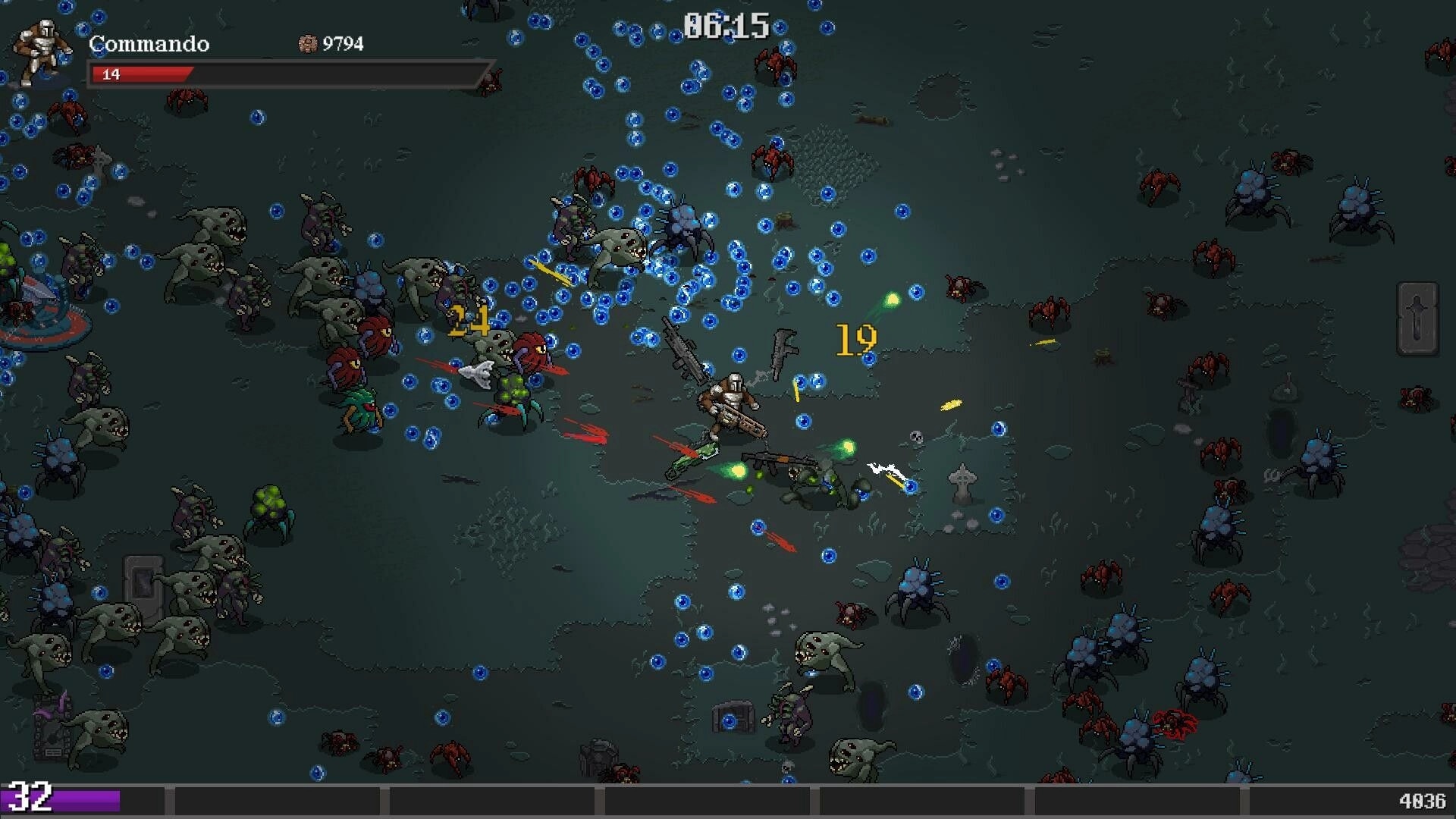 Grimdark Survivors: Commando fighting monsters in dark terrain with health bar and score displayed
