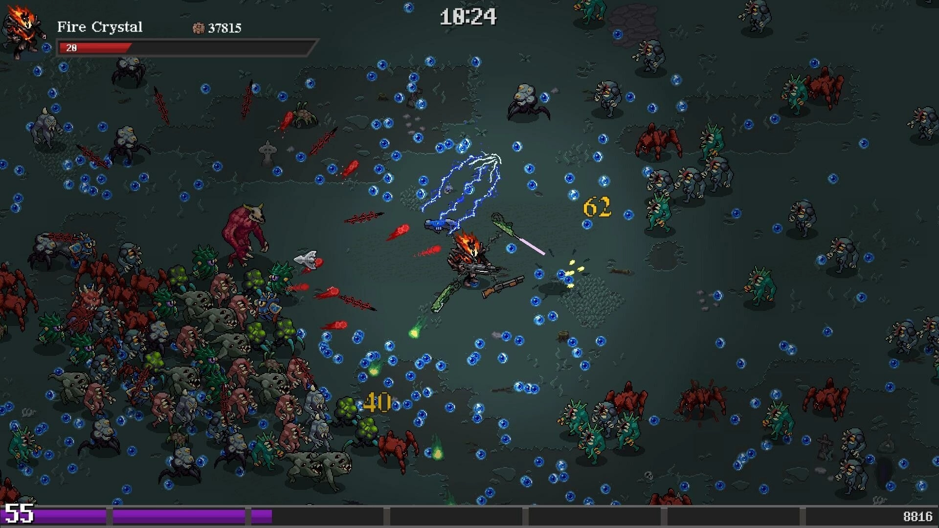 Grimdark Survivors: Fire Crystal character battling monsters amid energy orbs in dark battlefield