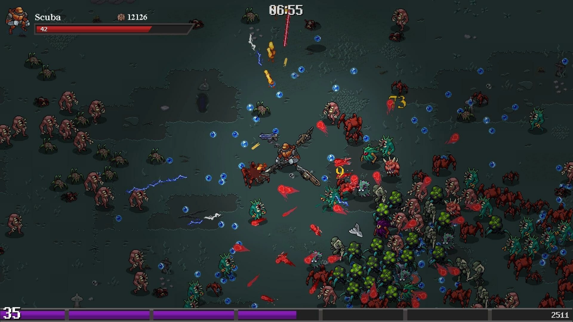 Grimdark Survivors: Scuba battling horde of monsters with projectiles in dark forest environment
