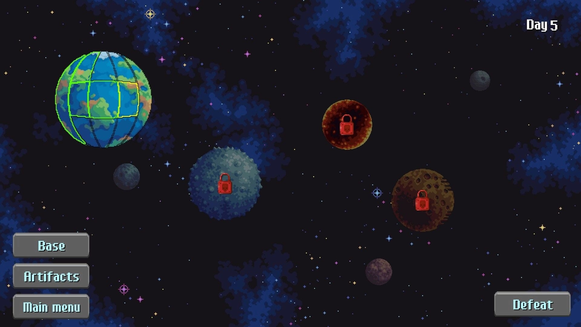 Grimdark Survivors: Planet selection screen with locked planets and options menu in a starry space setting